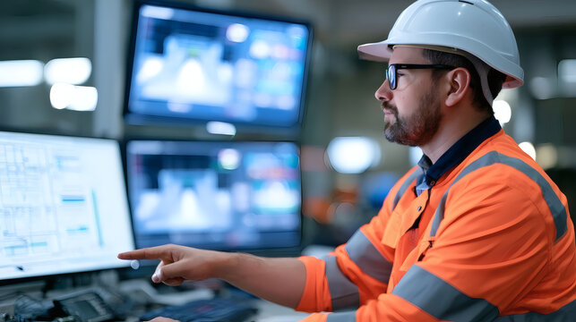 Industrial engineer with helmet and safety jacket monitors production process on multiple screens at control room, using advanced technology for automation.