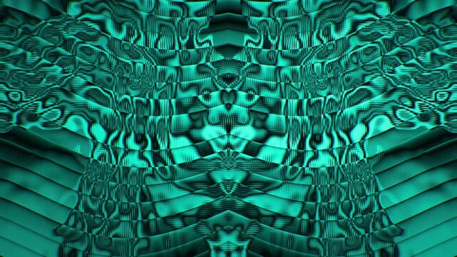 Seamless 3D loop animation in glitch kaleidoscope style with mirrored teal patterns, moire noise texture, and warped waves for a futuristic abstract backdrop.