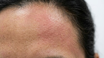Naklejka premium Close up of a person with a visible skin problem on their forehead area