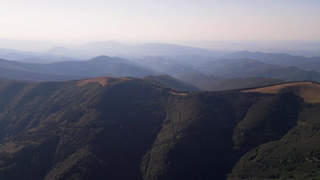 Aerial View of Balkan Mountains Ridges in Stara Planina Bulgaria at Hazy Sunset
