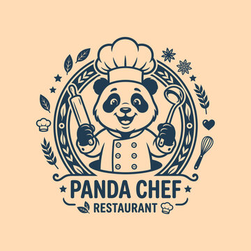 Cute panda chef mascot logo for restaurant with kitchen utensils in circular vintage frame