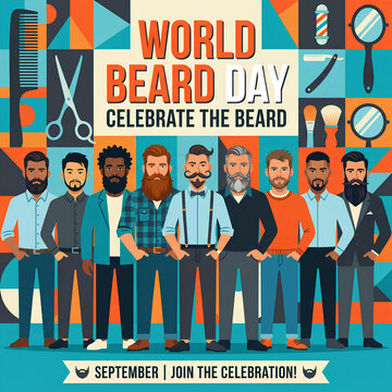 World Beard Day Celebration: Diverse Men with Beards, Barber Tools, Geometric Pattern