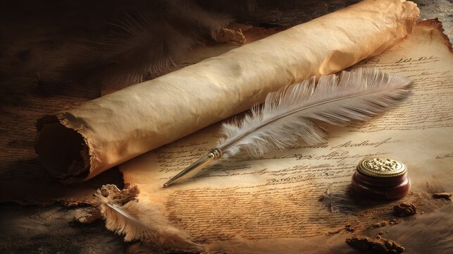A vintage quill pen and inkwell resting on an aged parchment scroll surface