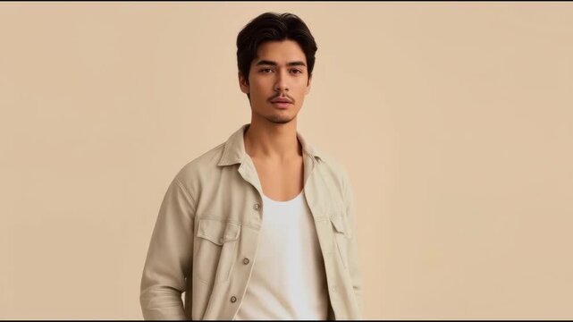 Young Asian Man in Beige Overshirt and White Tank Top Portrait Against Neutral Background