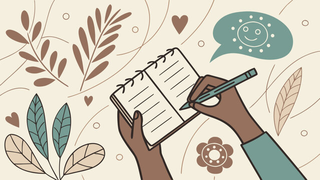 Hands writing in notepad surrounded by botanical leaves sun icon speech bubble and hearts self care mental health journal editorial style vector illustration