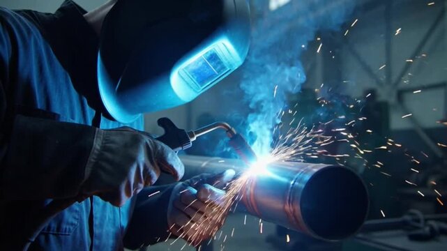 Professional welder welding metal pipe with bright sparks in industrial workshop