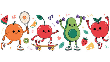Fototapeta premium Cute Healthy Fruits Cartoon Characters Exercising and Playing Sports