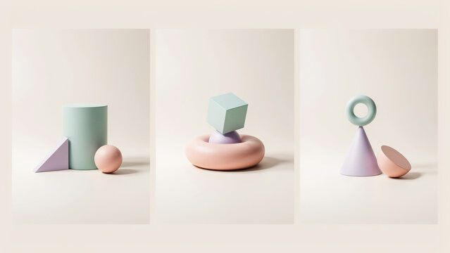 Three compositions of pastel geometric shapes including spheres, cubes, cones, and torus rings