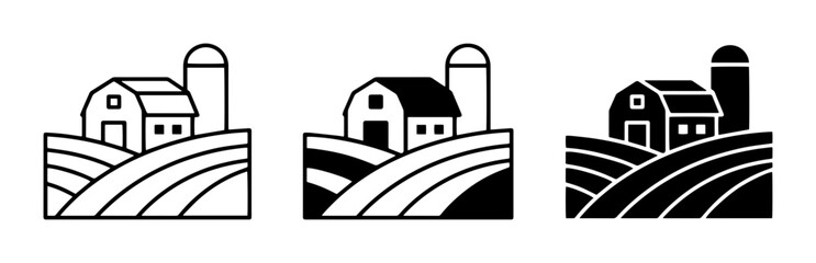 Farm barn and field icons for agriculture branding, rural landscape UI and web interface design © Siam