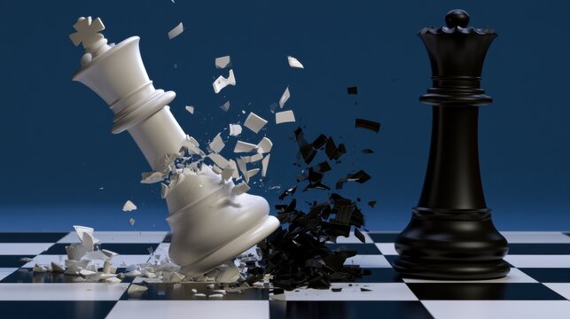 Chess pieces break during a match in a digital art scene highlighting the game dynamics