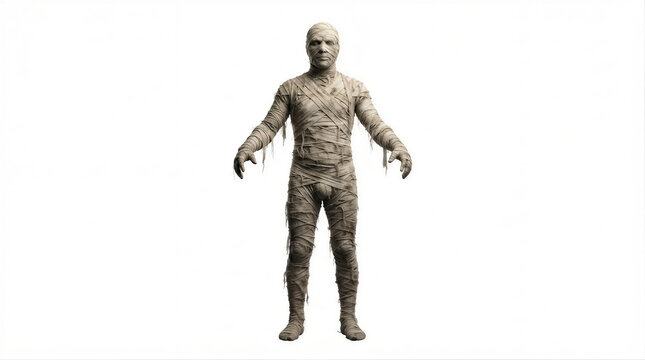 Mummy man standing in a T-pose isolated on white background. Scary creature wrapped in bandages. Classic monster character for Halloween horror celebration, costume and party design.