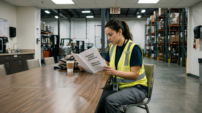 A diligent female warehouse supervisor wearing a high visibility vest sits at a large table inside a distribution center while reviewing important documents regarding logistics operations and