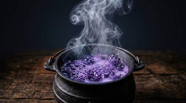 Iron cauldron with boiling purple magical potion and rising steam on wooden table. Traditional spooky Halloween accessory for witch craft. Fantasy mysterious ritual cooking concept.