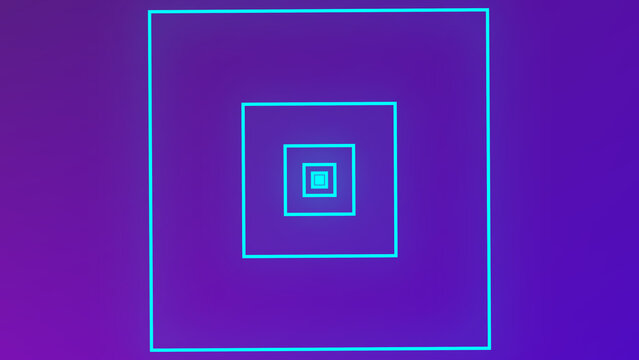 Cyan Neon Square Tunnel on a Purple Gradient Background stock photo