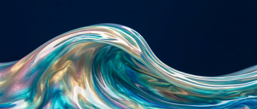 Abstract iridescent liquid wave cresting on a dark background with pearlescent shimmering colors and golden highlights in a 3D render digital art style for luxury background concepts.