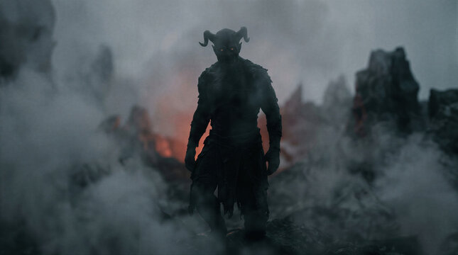 Dark demon with horns standing in thick smoke on volcanic landscape. Scary monster at night. Halloween character in mysterious atmosphere for horror movie concept and gothic design.