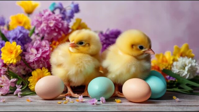 Yellow Chick Pair Beside Pastel Egg and Colorful Flower Spring Still Life