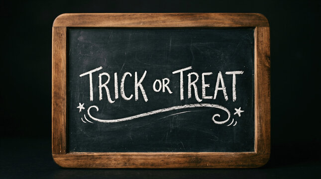 Chalkboard with hand written text trick or treat for Halloween celebration. Decorative sign on dark background. Seasonal festive greeting for holiday event party and home decor concept.
