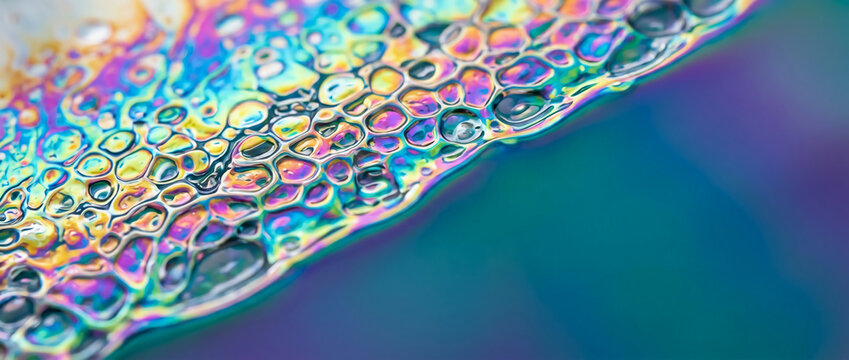 Abstract macro shot of vibrant iridescent bubbles and fluid cell textures on a reflective liquid surface, featuring a colorful rainbow spectrum and metallic holographic light effects.