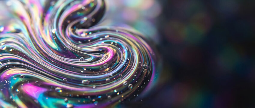 Mesmerizing Iridescent Liquid Swirl Featuring Vibrant Holographic Rainbow Colors and Metallic Bubbles on a Dark Bokeh Background, Artistic Macro Abstraction for Modern Design Decor