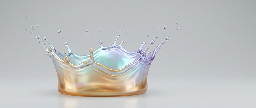 Iridescent liquid splash forming a crown with metallic gold and violet hues on a minimalist gray background, captured in high-speed 3D digital rendering style.