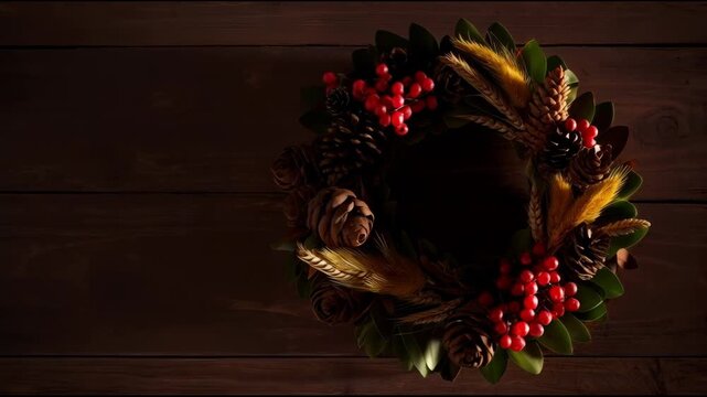 Autumn Wreath with Red Berry Pinecone Decoration on Rustic Wood with Wheat Accents