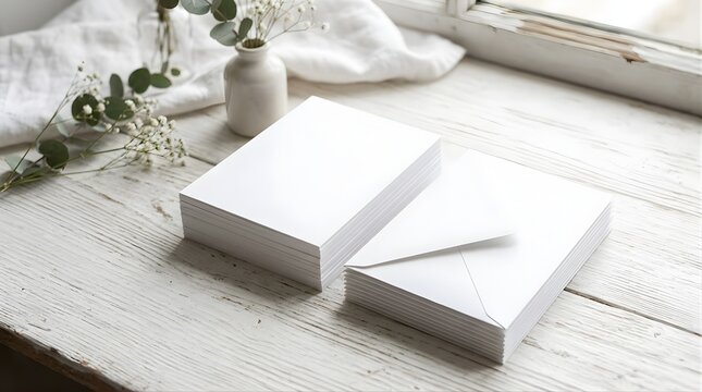 Blank white cards and envelopes on a rustic wooden table with flowers