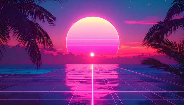 Abstract retro synthwave landscape featuring a vibrant glowing sun over a digital grid horizon with palm tree silhouettes at twilight sunset.
