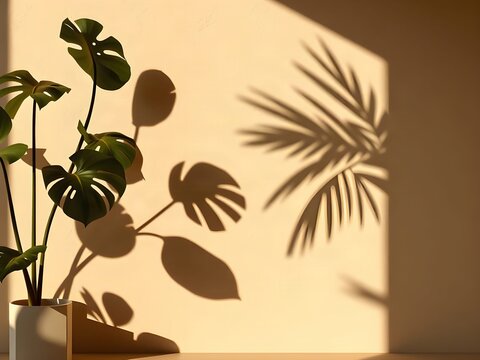 Tropical Botanical Leaf Shadows on Warm Limestone Wall Luxury Abstract Background