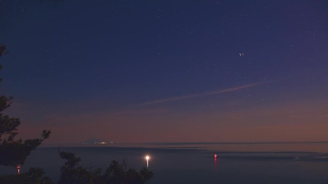 Summer Milky Way stars and landscape seascape scenery silhouettes.
