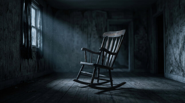 Old wooden rocking chair in empty room of abandoned house. Dark interior with moonbeam illumination. Scary atmosphere for Halloween holiday. Concept of mystery, horror, and solitude.