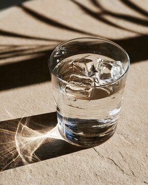 Glass of cold water with ice cubes in sunlight with leaf shadow patterns