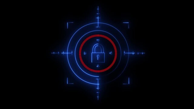 Encryption technology display showcasing vibrant blue neon reticle patterns and a centered locked padlock graphic glowing against a deep black background to illustrate secure database storage.