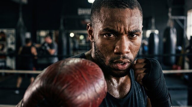 Focused boxer wearing a black athletic tank top and red boxing glove in a dark training gym with martial arts heavy bag punching bag training intensity strength endurance aggressive exercise