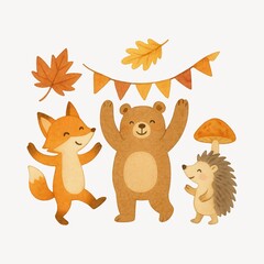Naklejka premium Cute woodland animals celebrating autumn.