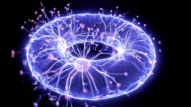 Glowing blue plasma energy ring with electric lightning sparks isolated on black background