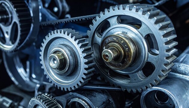 Close up view of metal gears and timing belt inside an automobile engine depicting mechanical engineering and complex industrial machinery systems.