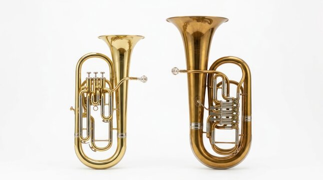 Two brass musical instruments on white background