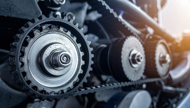 Detailed close up view of metal cogwheels and mechanical gears connected by a drive belt inside a high performance industrial engine system.