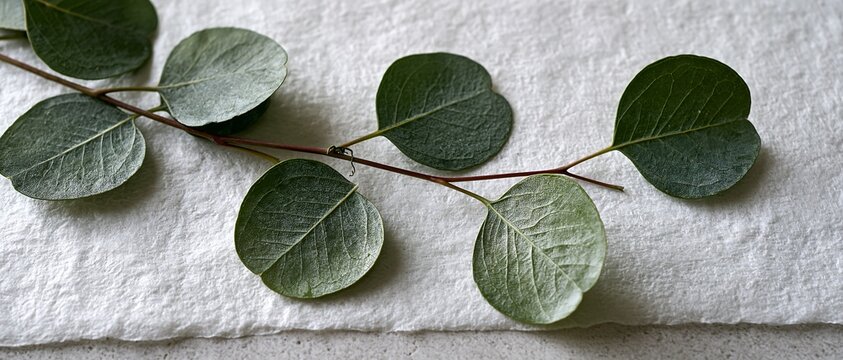 Fresh eucalyptus branch leaves on white handmade textured paper background