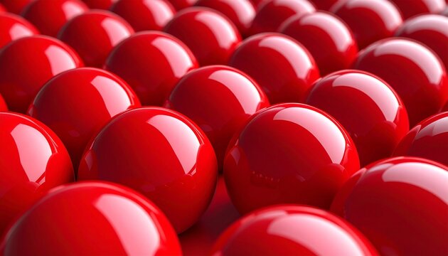 A high angle view of a collection of polished red spheres arranged in a symmetrical pattern creating a modern abstract background design.