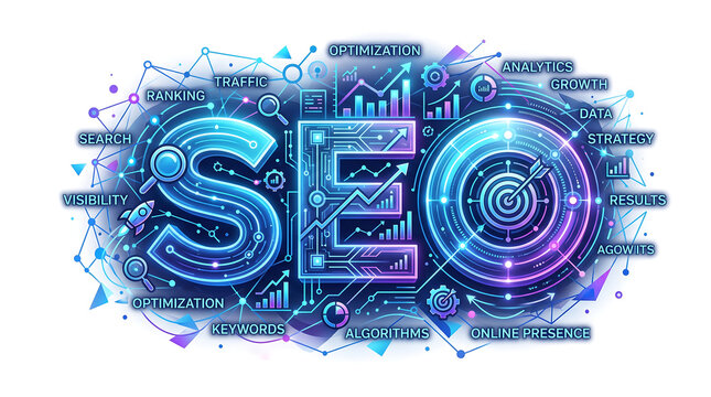 SEO Typography with Search Analytics Keywords and Digital Network Elements