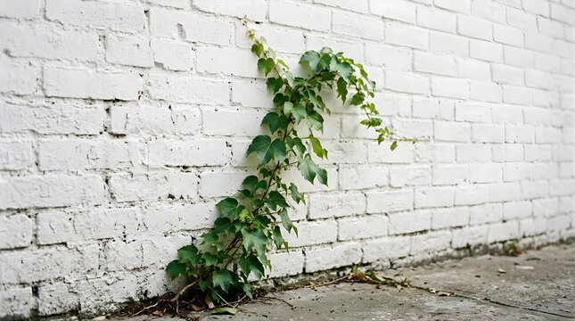 Green ivy vine climbing up a weathered white brick wall exterior