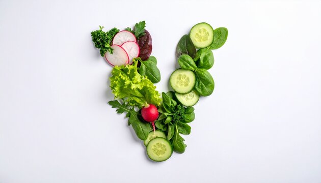 Creative letter V shaped design composed of fresh organic vegetables and green salad leaves on a plain white isolated studio background surface.