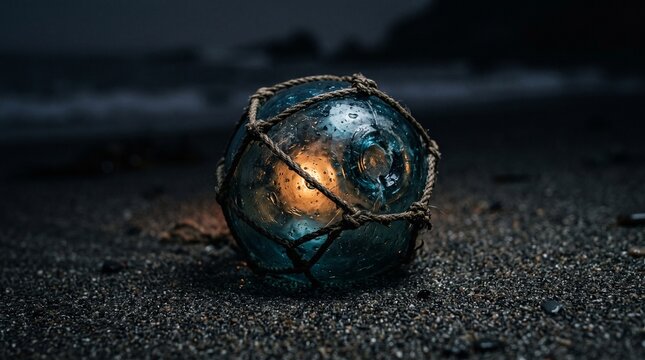 Glass fishing float glowing softly on dark wet sand at night