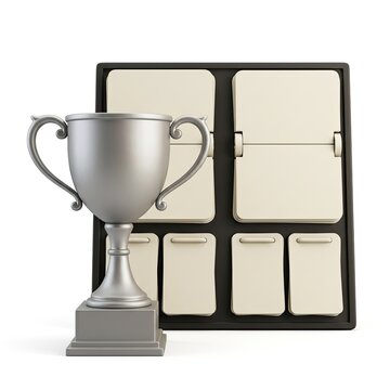 Silver trophy cup standing in front of a blank scoreboard for sports results on white background.