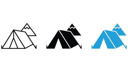 A set of three camping tent with mountain peaks, featuring a black outline, a solid black silhouette, and a solid blue version on white © Monowara