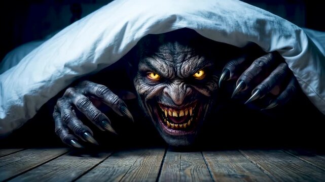 Scary monster with sharp teeth and claws hiding under a bed in a dark room