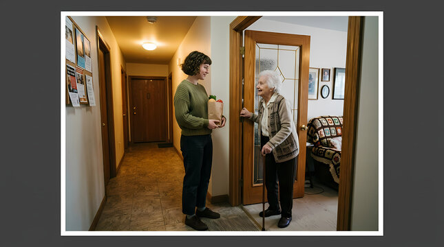 A dedicated volunteer delivers essential groceries to an elderly woman standing at her residence door holding a wooden cane while receiving friendly community assistance for independent daily