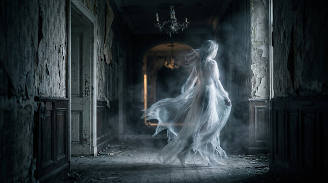 Transparent ghost woman in white dress walking through dark abandoned hallway. Spooky phantom spirit in haunted house. Creepy supernatural being at night. Scary Halloween concept.